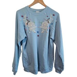 Vintage Butterfly Sweater Womens Large Blue 80s Beaded Retro Floral Cottage